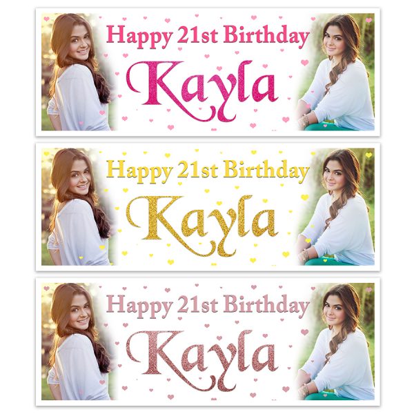 Girls personalised photo Happy Birthday Banner. Customise name and age and add in 2 of your own images.