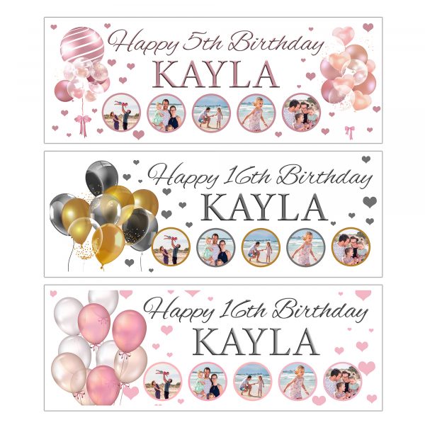 Personalised photo birthday banner,choice of 3 colours,two sizes and free delivery.