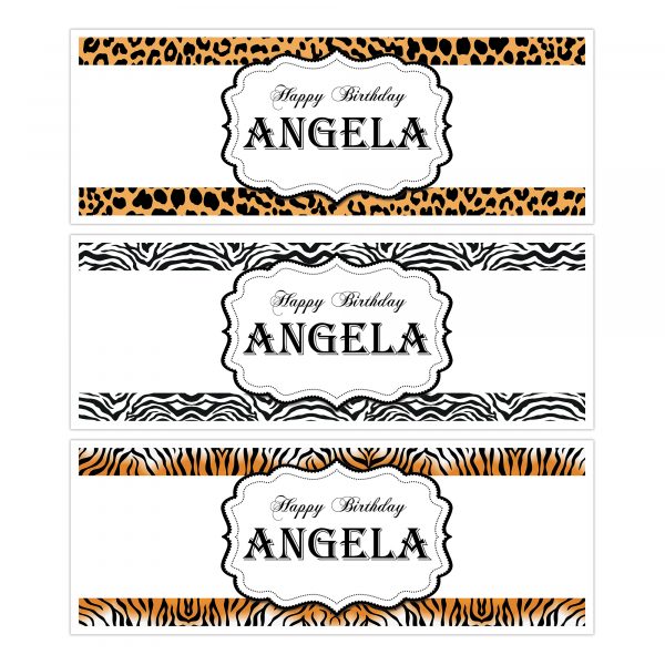 Happy Birthday Animal Print Personalised Banner 3 Designs to choose from Customise with name Available in two sizes: Regular – 80cm x 30cm XL – 6ft x 2ft Mulit buy discounts available