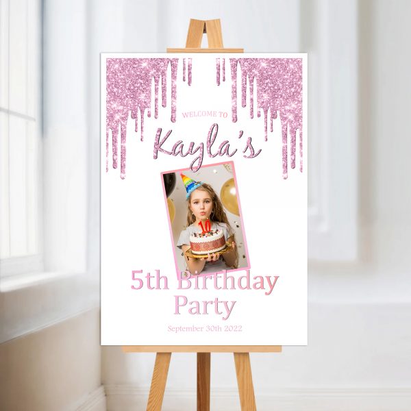 Happy Birthday personalised photo glitter drip party welcome board